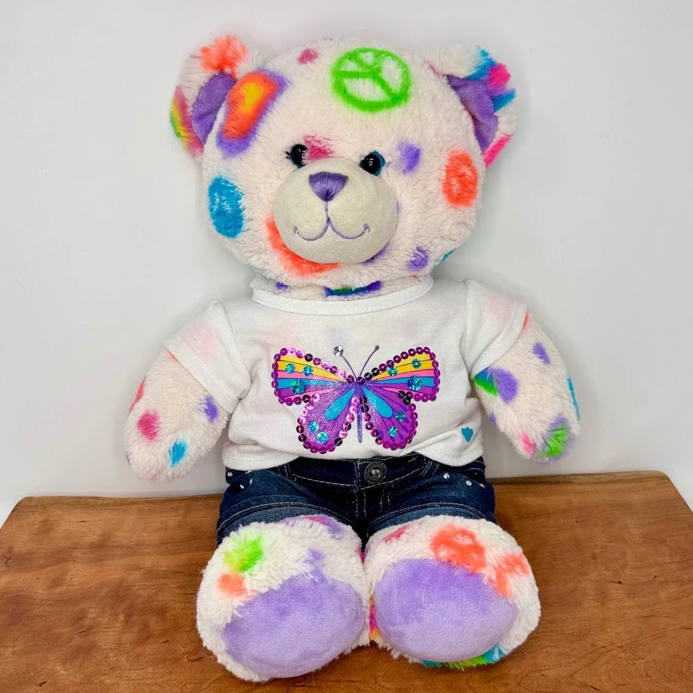 Build-A-Bear Peace & Love Plush Rainbow Heart Y2K Butterfly & Jean Shorts Outfit
